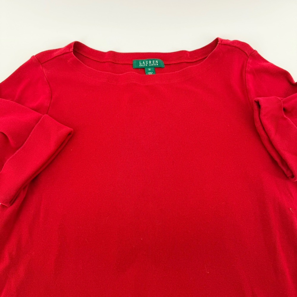 Lauren Ralph Lauren Boat Neck Cuffed Short Sleeve Cotton Top 1X Red Preppy